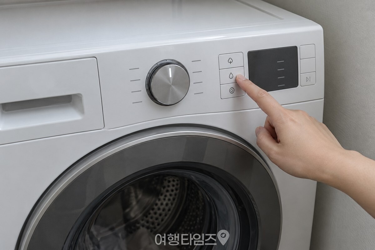 세탁기 조작부에서 울코스와 추가 헹굼 설정을 확인하는 손이 보인다. / 기사 이해를 돕기 위한 생성형 이미지