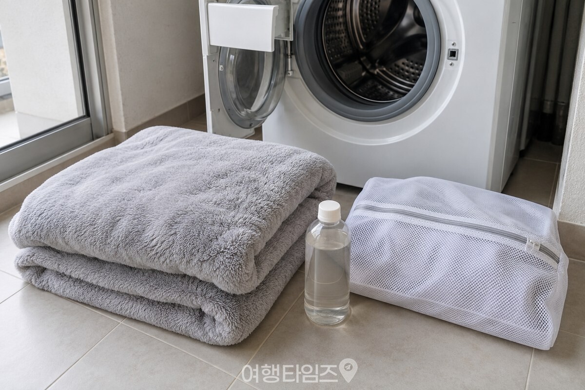 세탁망에 넣을 극세사 이불과 액체 중성세제가 세탁기 앞에 준비되어 있다. / 기사 이해를 돕기 위한 생성형 이미지