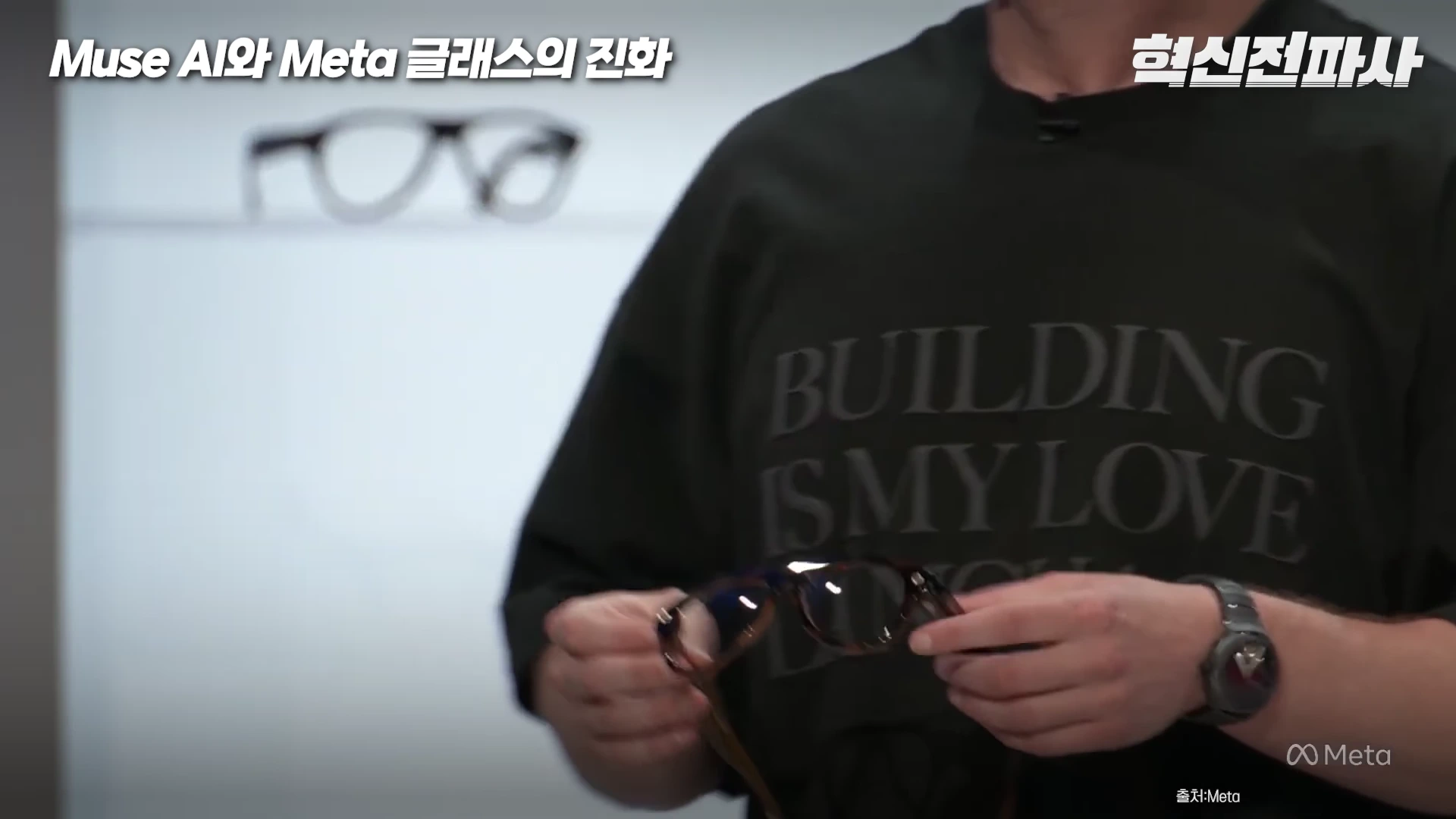한 인물이 검은색 티셔츠를 입고 손에 안경 형태의 웨어러블 기기를 들고 있는 모습으로 배경에는 안경 그래픽과 함께 'Muse AI와 Meta 글래스의 진화'라는 문구가 적혀 있습니다.