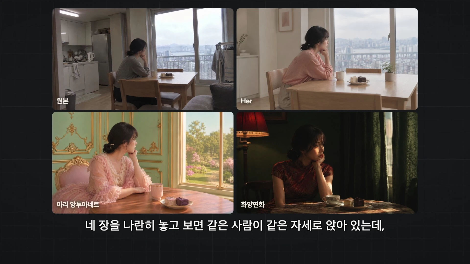 2x2 격자 배열로 구성된 이미지로, 왼쪽 상단에는 일상적인 아파트 주방에 앉아 있는 여성의 원본 사진이 있고, 나머지 세 칸에는 같은 인물과 자세를 유지하면서 영화 'Her', '마리 앙투아네트', '화양연화'의 분위기로 각각 재현된 이미지가 나란히 배치되어 있다.