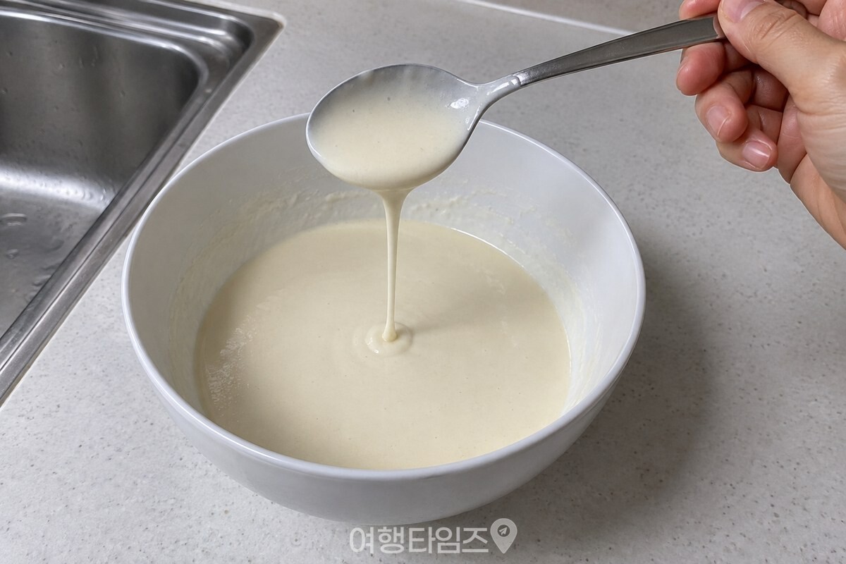 묽은 전 반죽이 흰 그릇에서 숟가락을 따라 가늘게 흘러내린다. / 기사 이해를 돕기 위한 생성형 이미지