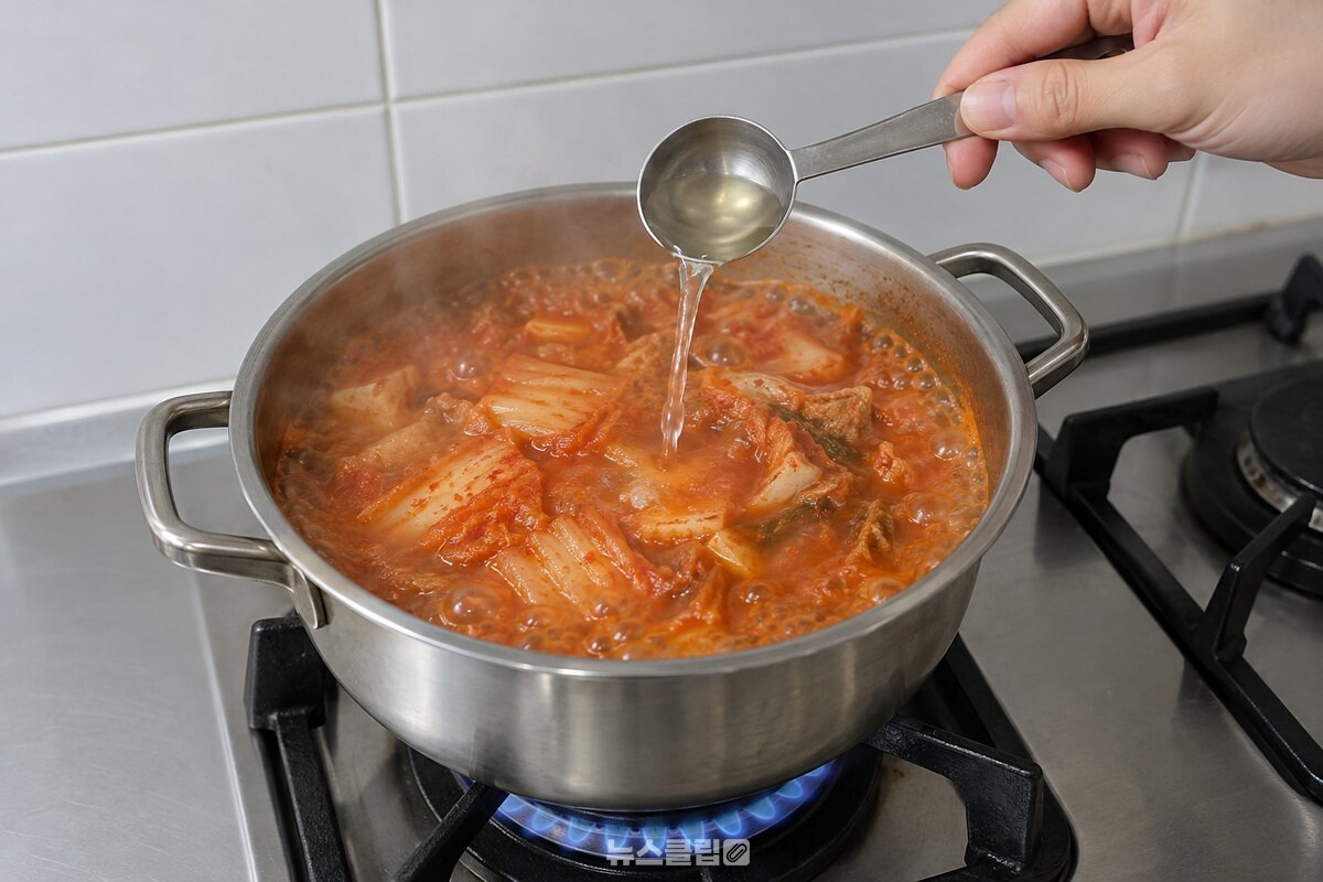 보글보글 끓는 김치찌개 국물 표면에 화이트와인 한 큰술을 더하는 장면. / 기사 이해를 돕기 위한 생성형 이미지