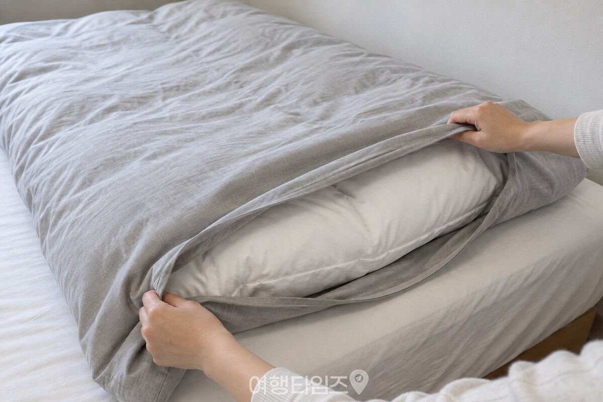 침대 위에 이불커버를 씌운 두꺼운 겨울 이불이 가지런히 놓여 있다. / 기사 이해를 돕기 위한 생성형 이미지
