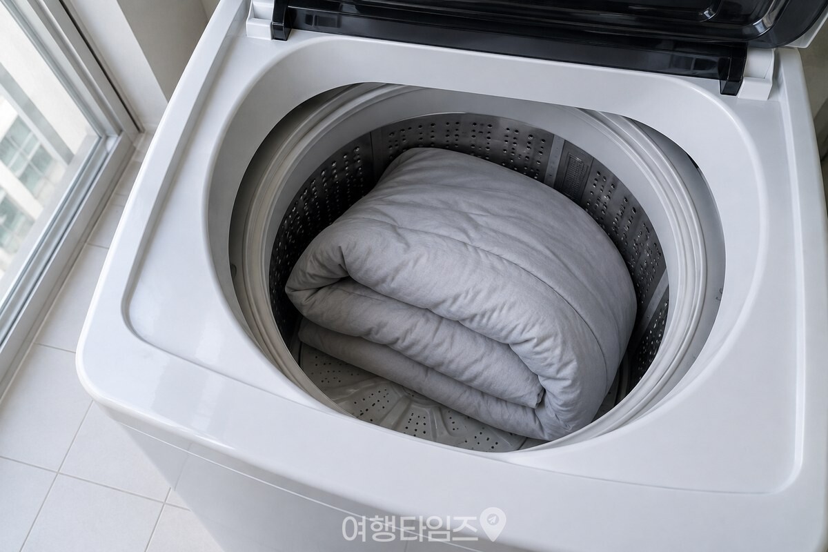 통돌이 세탁기에 이불 한 장만 느슨하게 넣은 세탁 준비 모습이다. / 기사 이해를 돕기 위한 생성형 이미지