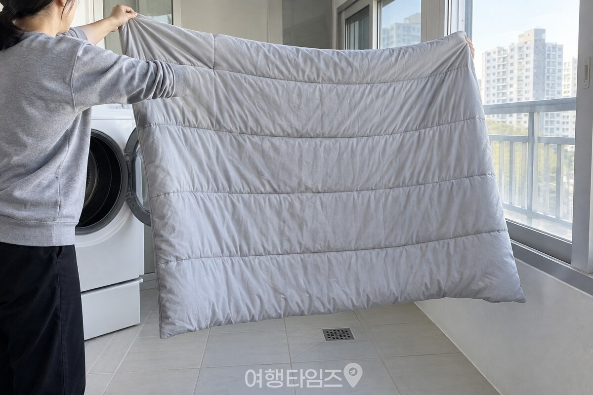 깨끗한 이불의 양쪽 끝을 잡고 실내에서 넓게 흔들어 펴고 있다. / 기사 이해를 돕기 위한 생성형 이미지