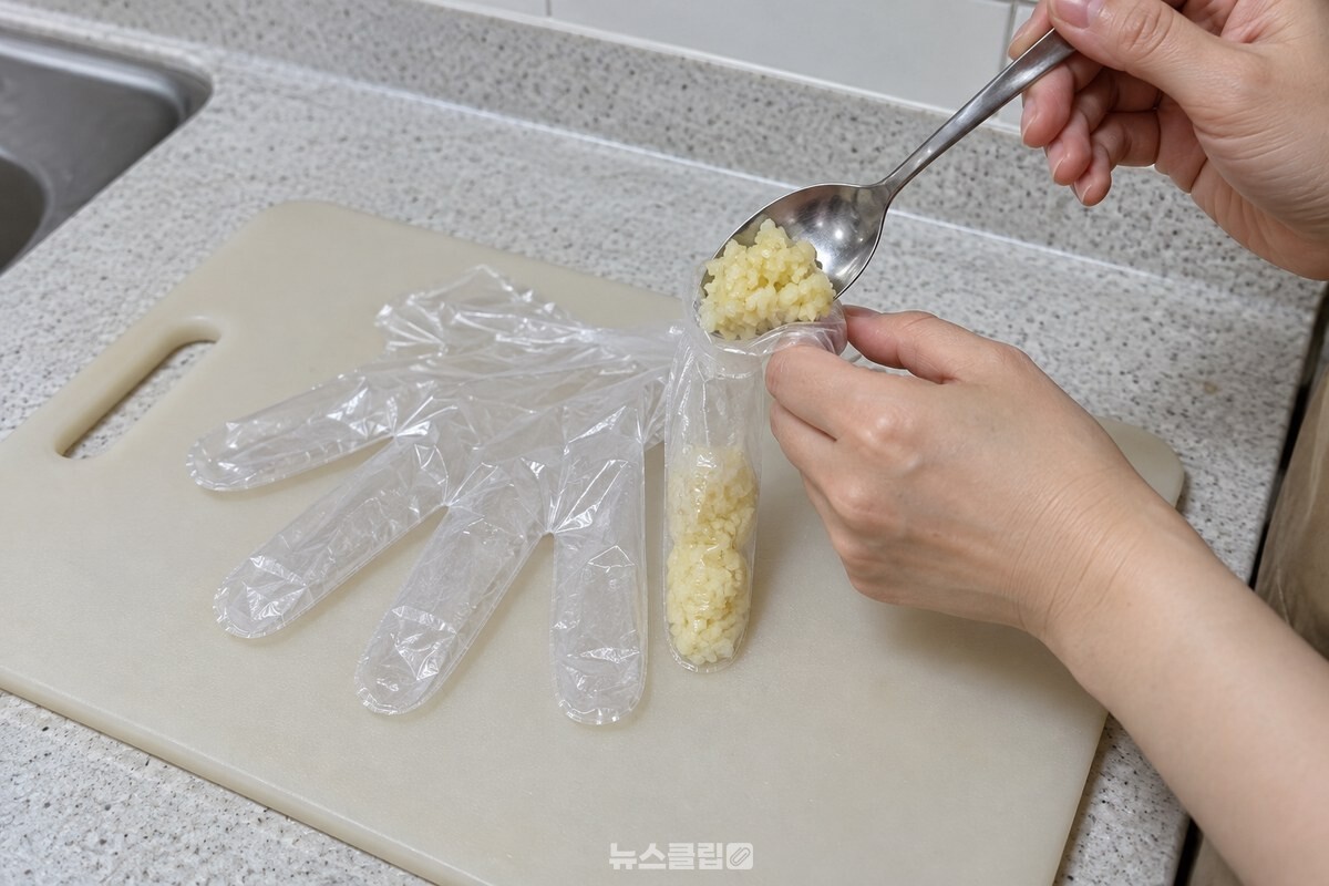비닐장갑 손목 쪽을 벌린 채 숟가락으로 다진 마늘을 손가락 칸에 넣는 모습. / 기사 이해를 돕기 위한 생성형 이미지