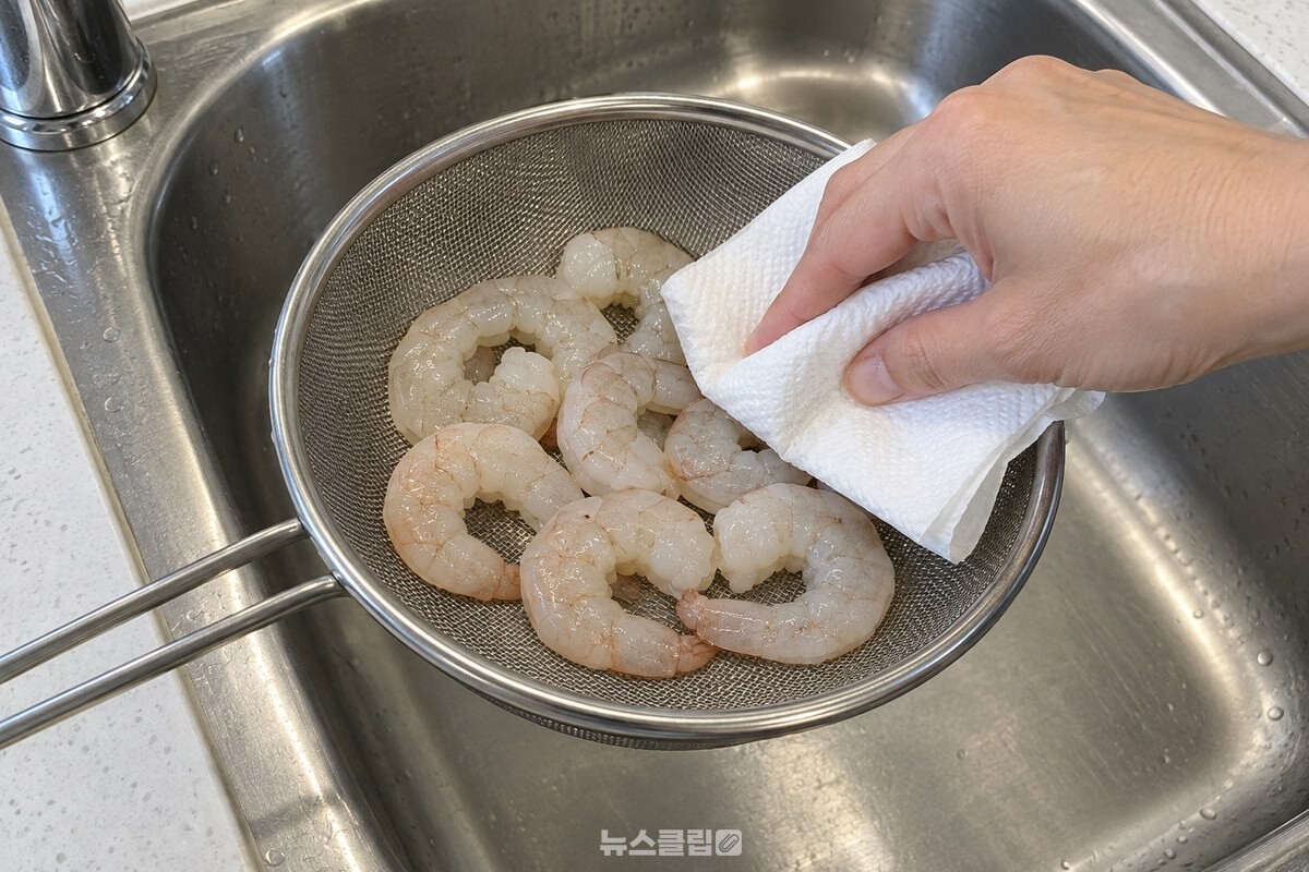 체에 올린 해동 새우의 물기를 키친타월로 닦아 내고 있다. / 기사 이해를 돕기 위한 생성형 이미지
