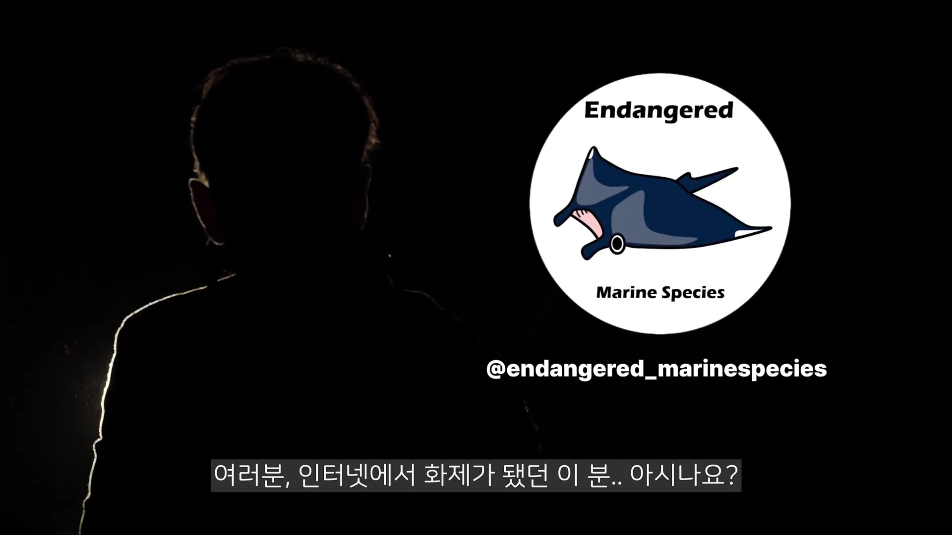 검은 배경 속에 실루엣만 보이는 사람과 그 옆에 떠 있는 가오리 캐릭터가 그려진 원형 로고와 SNS 아이디가 화면에 나타나 있습니다.