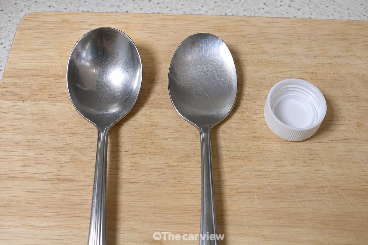 깊이가 다른 밥숟가락 두 개와 5ml 생수병 뚜껑을 나란히 놓은 모습. / 기사 이해를 돕기 위한 생성형 이미지