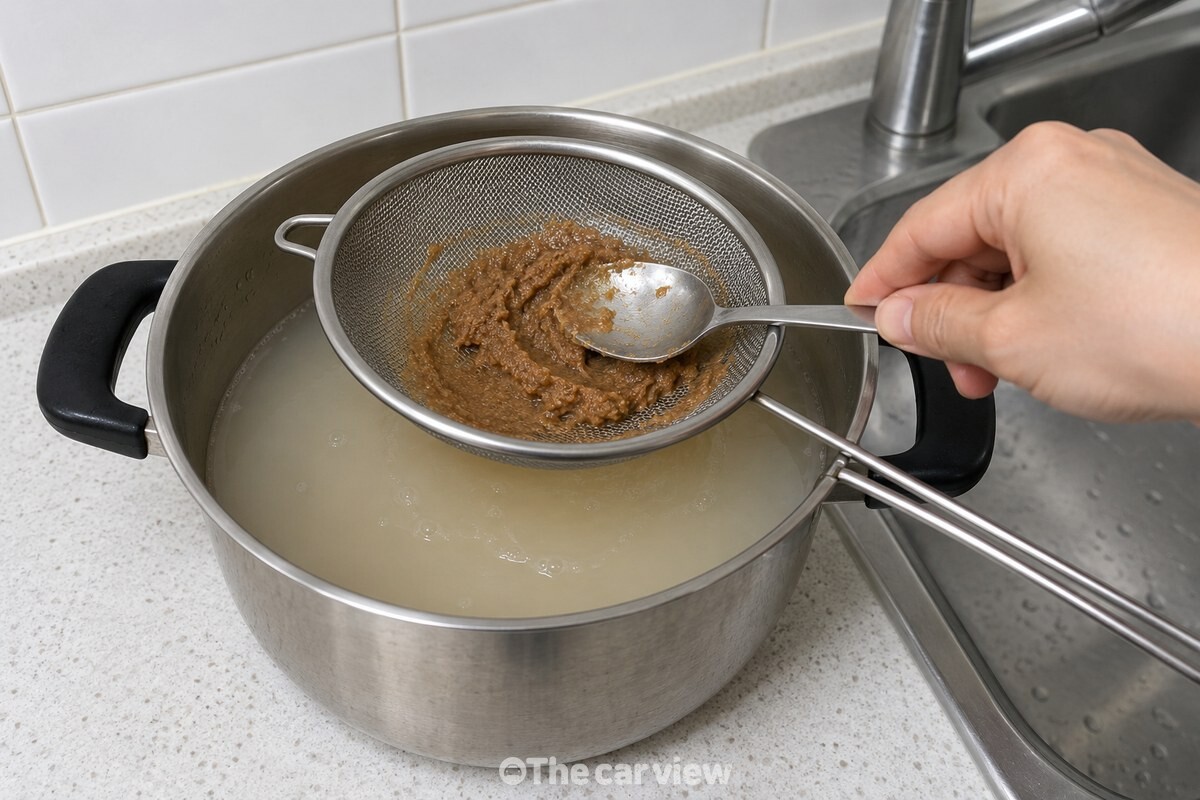 체에 푼 된장이 쌀뜨물에 고르게 풀린 냄비 안으로 아욱을 넣기 전 모습. / 기사 이해를 돕기 위한 생성형 이미지