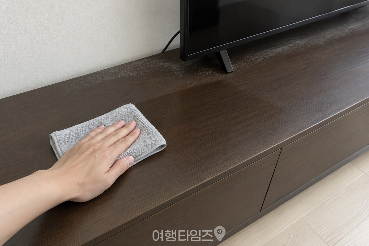 텔레비전 선반을 마른 극세사 걸레로 한 방향으로 닦는 모습이다. / 기사 이해를 돕기 위한 생성형 이미지
