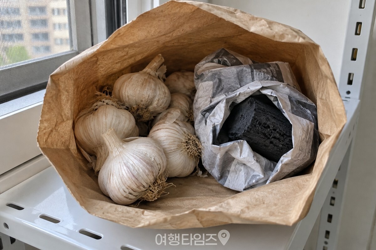 통마늘과 신문지로 감싼 숯 조각이 종이봉투 안에 함께 담겨 있다. / 기사 이해를 돕기 위한 생성형 이미지