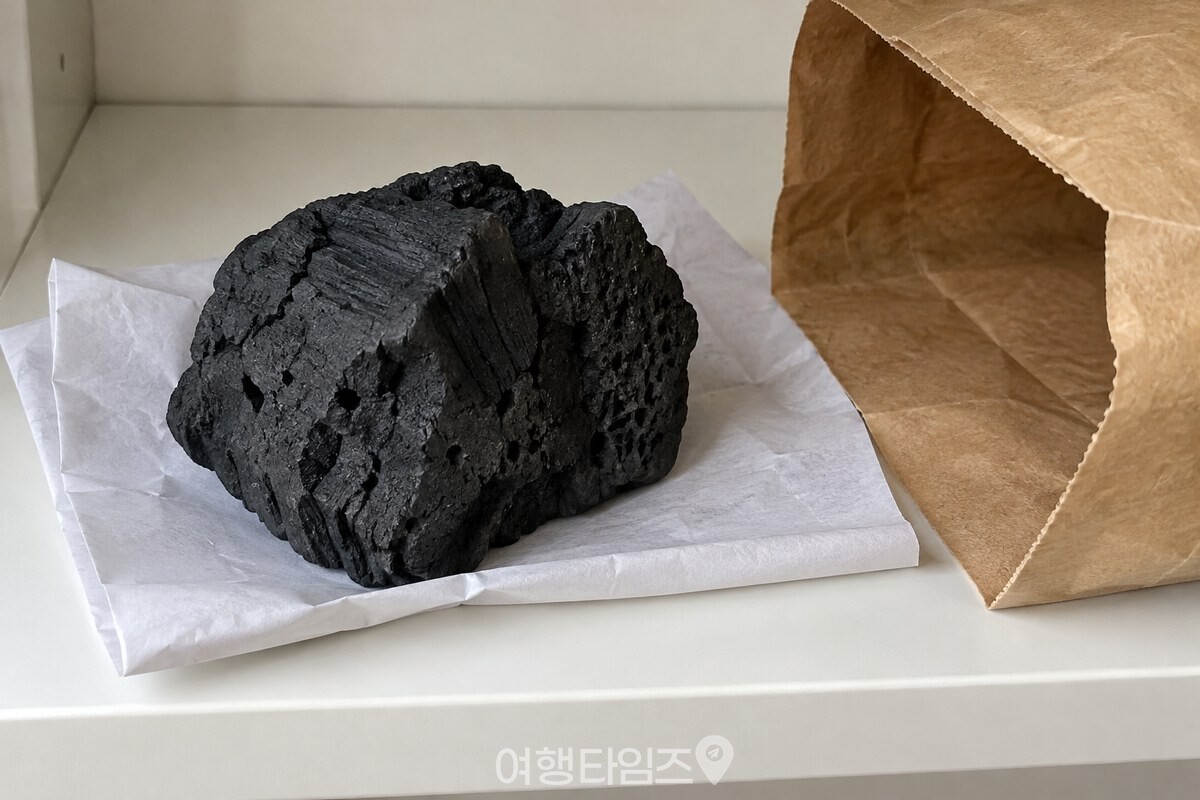 종이봉투 옆에 놓인 숯 조각의 작은 구멍과 거친 표면이 가까이 보인다. / 기사 이해를 돕기 위한 생성형 이미지