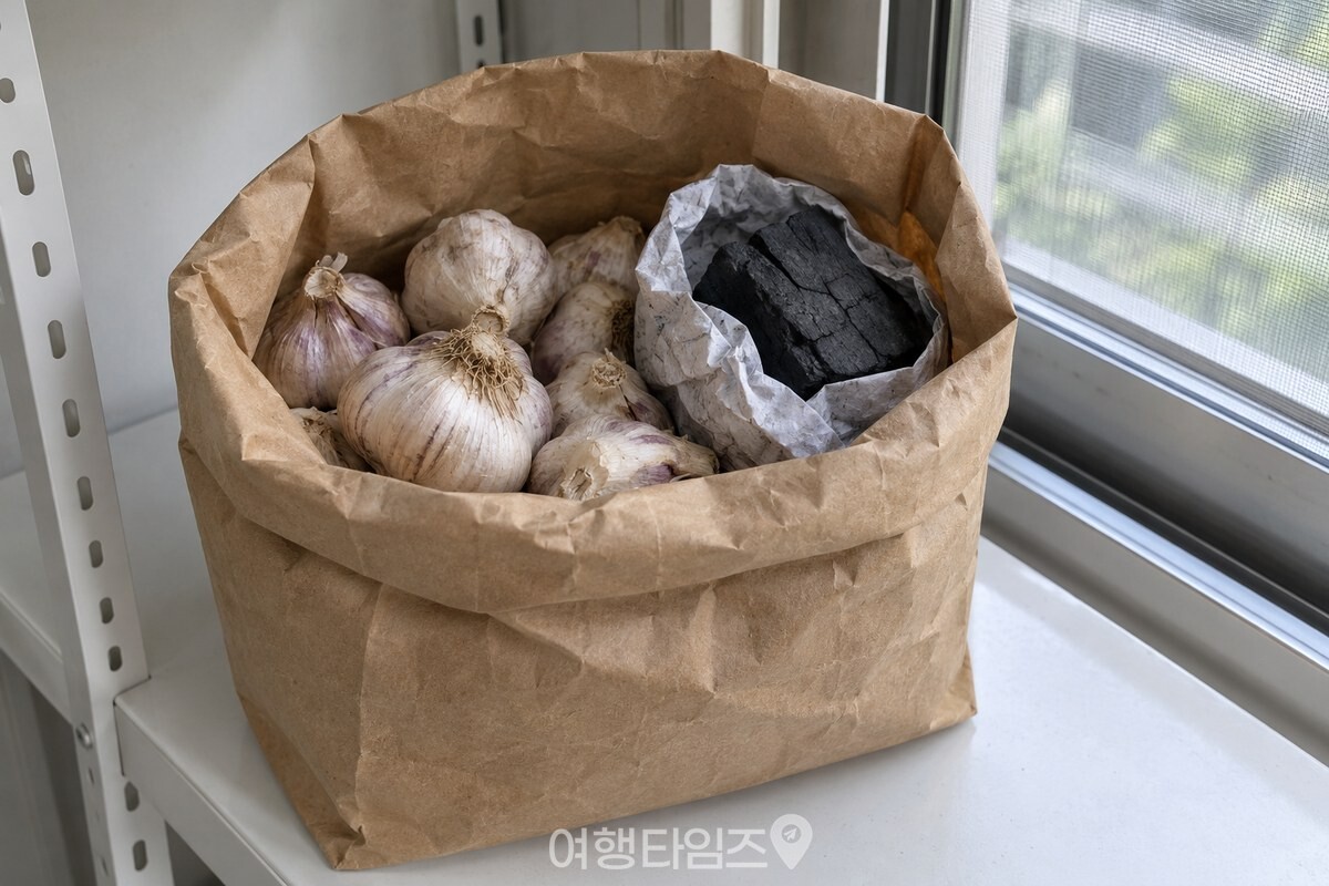 통마늘과 신문지로 감싼 숯을 넣은 종이봉투의 입구가 느슨하게 접혀 있다. / 기사 이해를 돕기 위한 생성형 이미지