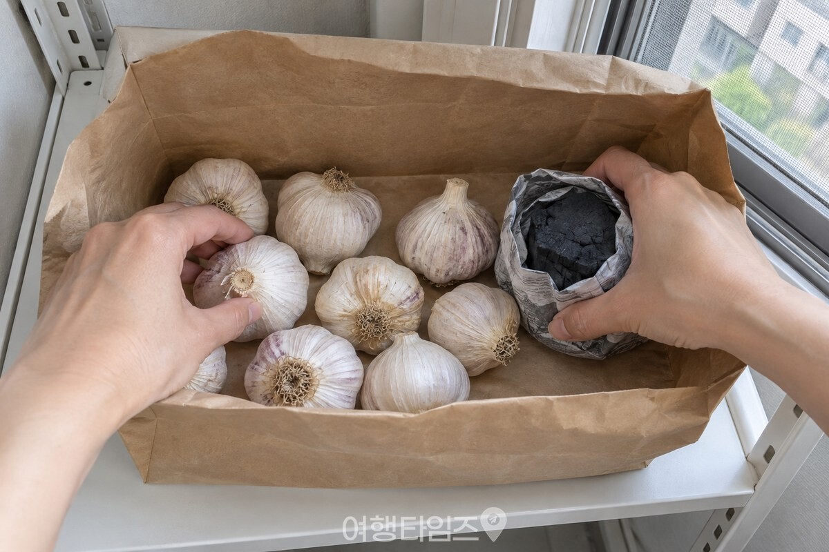 손이 종이봉투 바닥에 통마늘을 한 겹으로 담고 옆에 신문지로 감싼 숯을 놓고 있다. / 기사 이해를 돕기 위한 생성형 이미지