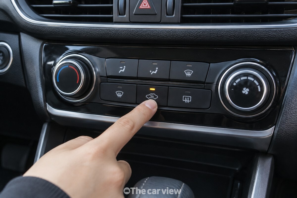 SUV 중앙 공조 조작부의 내부 순환 버튼을 누르는 손을 가까이 담은 장면 / 기사 이해를 돕기 위한 생성형 이미지
