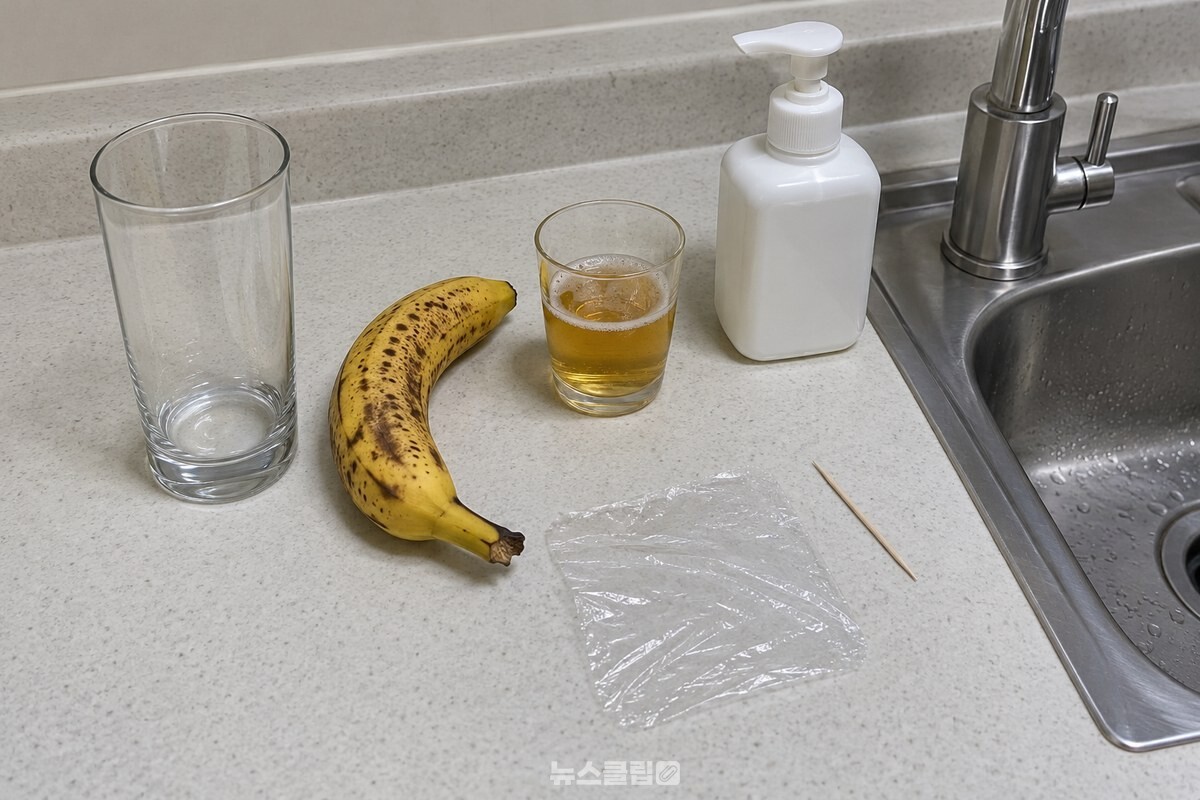 유리컵, 검게 변한 바나나, 남은 맥주와 주방세제를 싱크대 옆에 준비했다. / 기사 이해를 돕기 위한 생성형 이미지