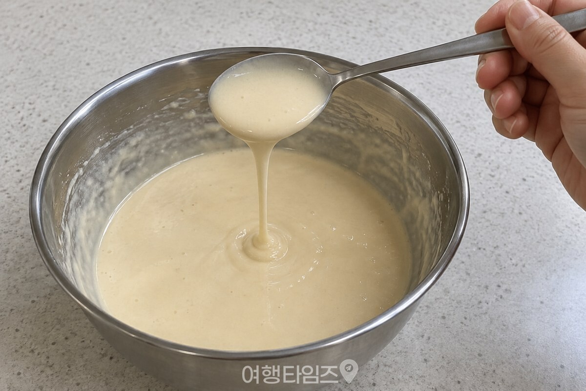 건새우 불린 물로 만든 반죽이 숟가락에서 가늘게 이어져 떨어지는 모습. / 기사 이해를 돕기 위한 생성형 이미지