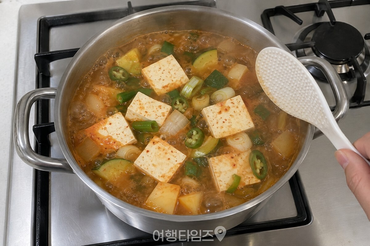 대파와 청양고추 위에 네모난 두부를 올려 마무리하는 된장찌개. / 기사 이해를 돕기 위한 생성형 이미지
