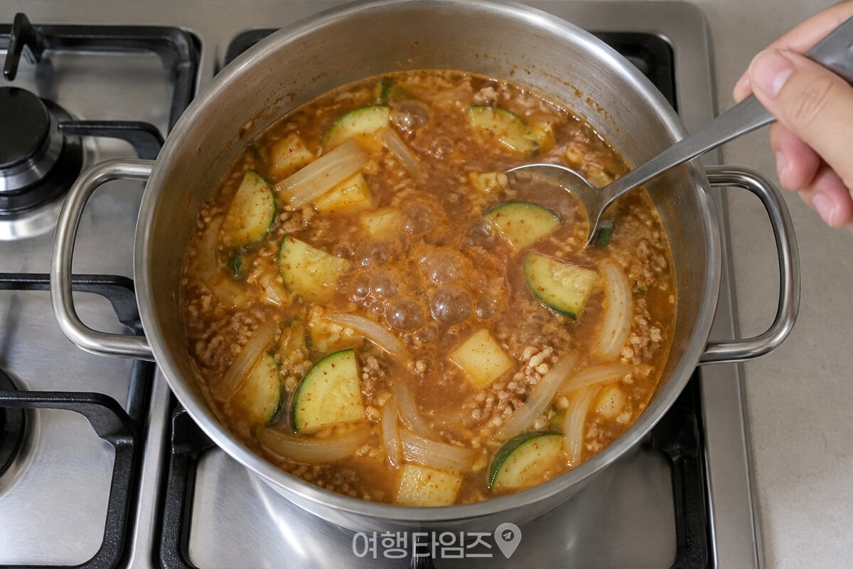 애호박과 양파가 들어간 붉은 갈색 된장찌개가 가운데부터 끓는 모습. / 기사 이해를 돕기 위한 생성형 이미지