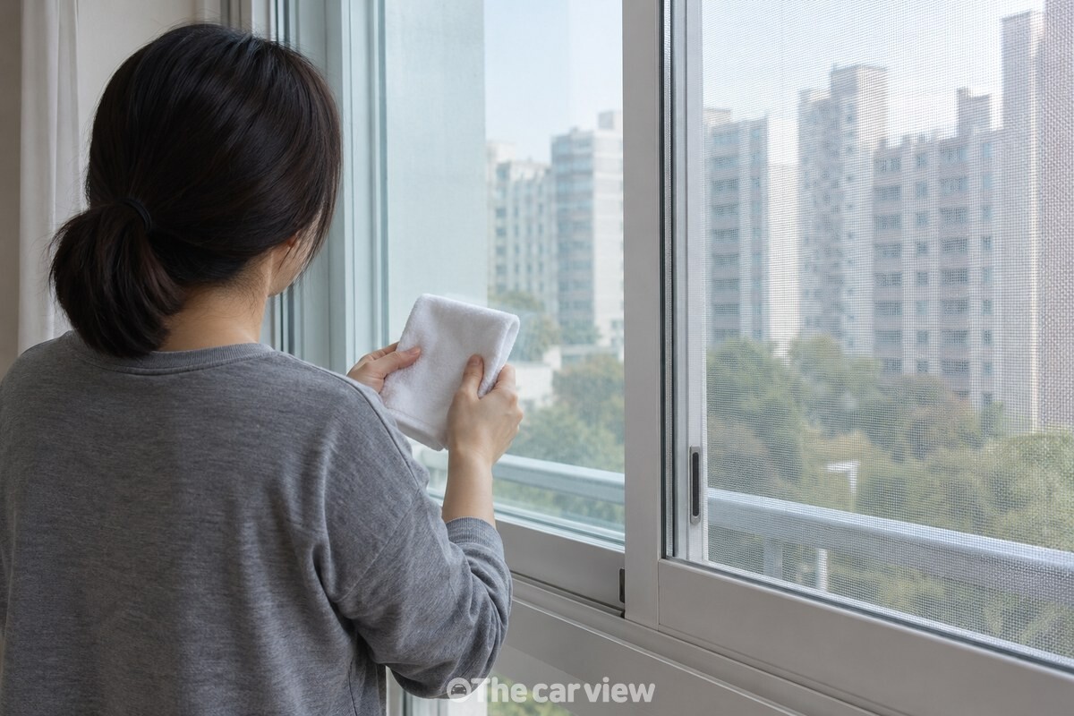 창 옆에서 비스듬히 유리 표면을 살피며 마른 천을 든 모습. / 기사 이해를 돕기 위한 생성형 이미지