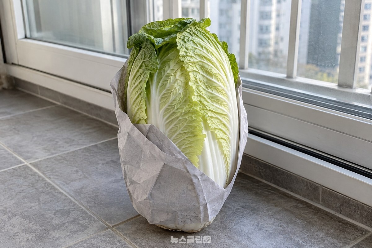 신문지로 느슨하게 싼 배추를 뿌리 쪽이 아래로 가게 베란다 바닥에 세워 둔 모습. / 기사 이해를 돕기 위한 생성형 이미지