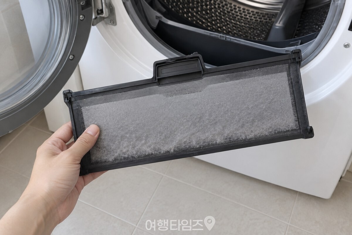 건조기 문 아래쪽에서 꺼낸 보풀 필터의 그물망 위에 얇은 회색 보풀이 한 겹 놓여 있다. / 기사 이해를 돕기 위한 생성형 이미지
