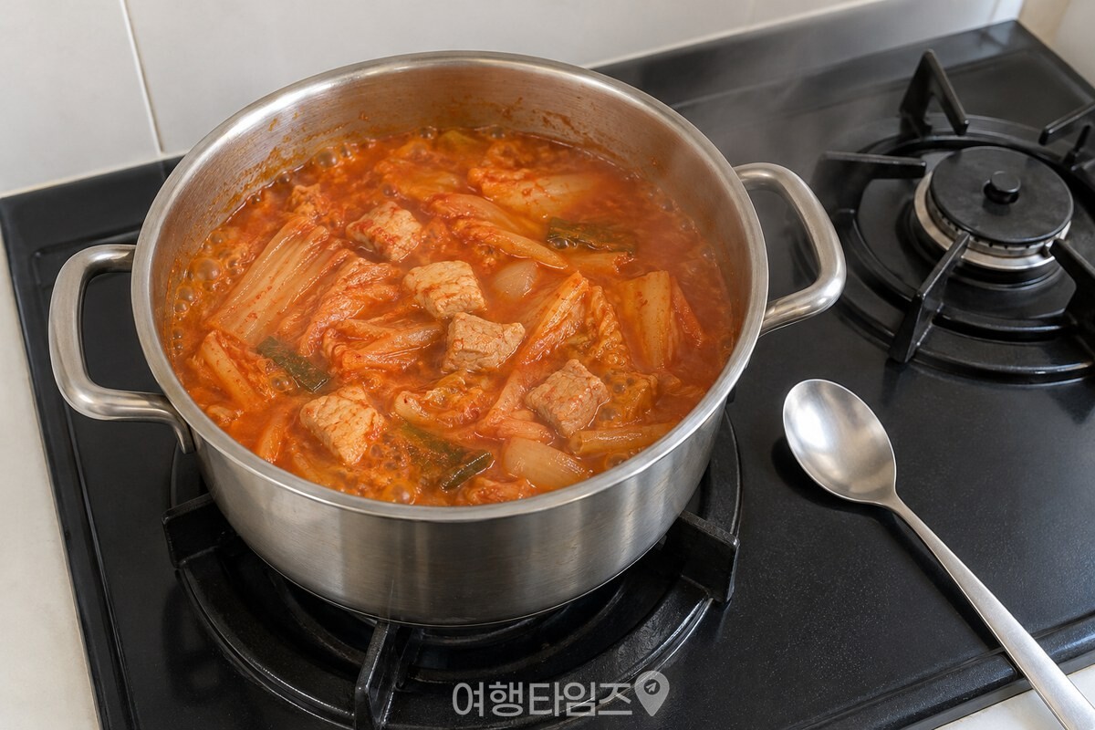 버터에 볶은 김치와 돼지고기가 든 냄비에 케첩을 섞어 끓인 김치찌개입니다. / 기사 이해를 돕기 위한 생성형 이미지