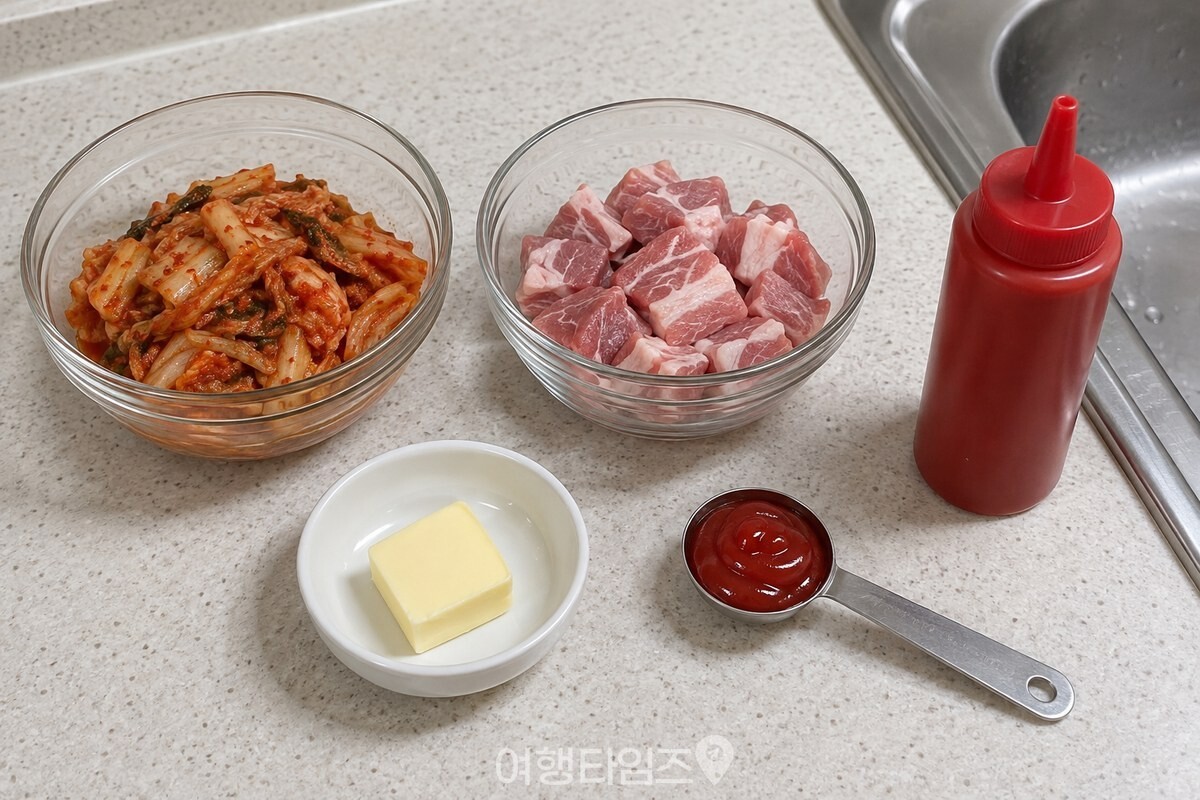 익은 김치, 돼지고기, 버터와 케첩을 두 사람 분량으로 준비한 모습입니다. / 기사 이해를 돕기 위한 생성형 이미지