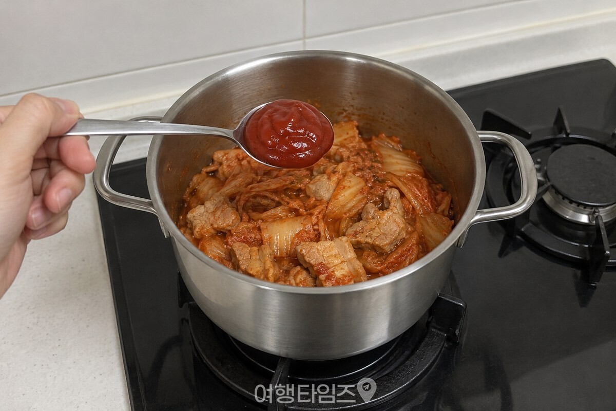 볶아진 김치와 돼지고기에 케첩 세 큰술을 넣는 단계입니다. / 기사 이해를 돕기 위한 생성형 이미지