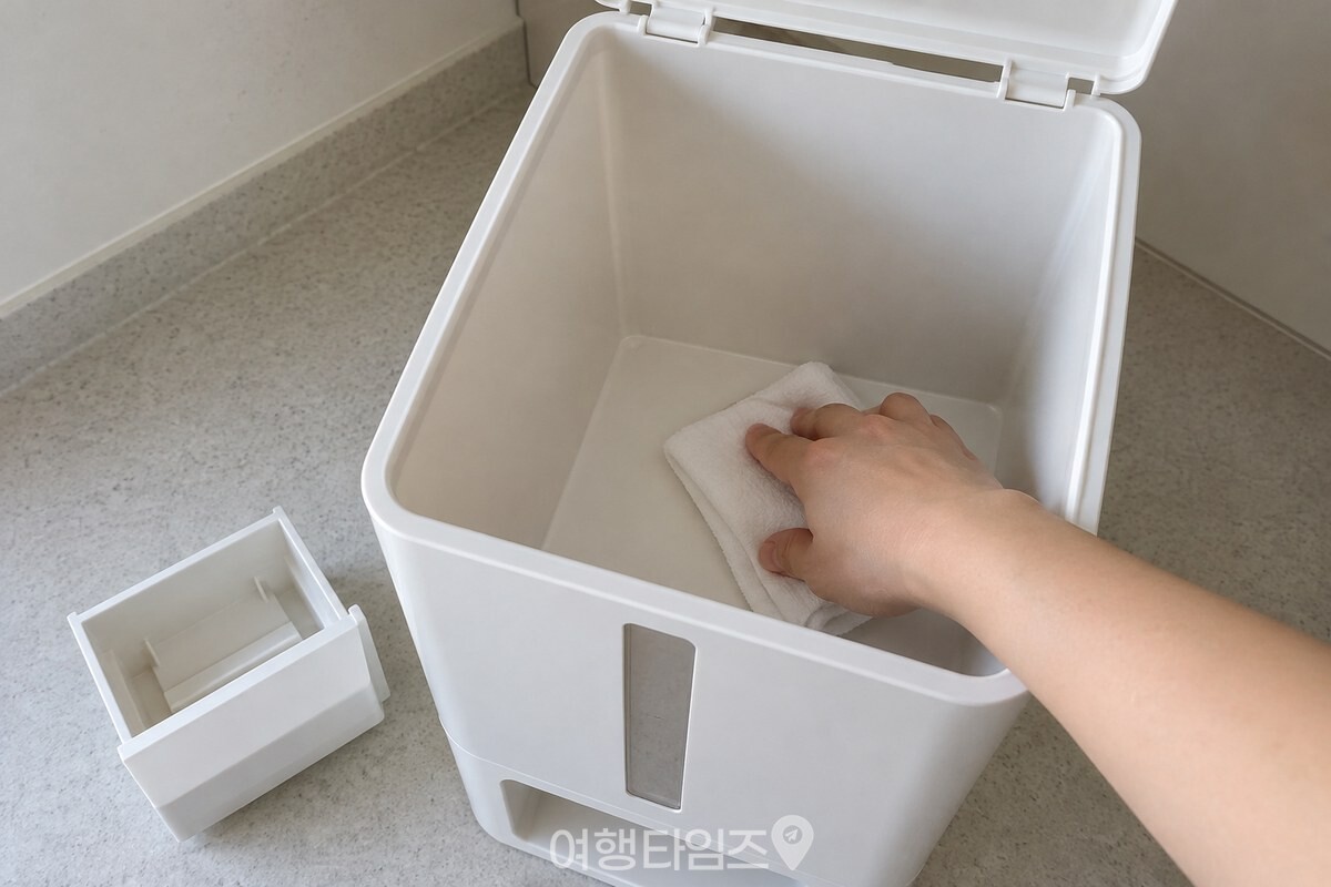 마른 흰 행주로 비운 쌀통의 바닥과 모서리를 닦는 모습. / 기사 이해를 돕기 위한 생성형 이미지