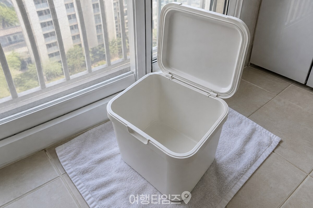 뚜껑을 열어 둔 쌀통이 마른 행주 위에서 말라 있는 모습. / 기사 이해를 돕기 위한 생성형 이미지