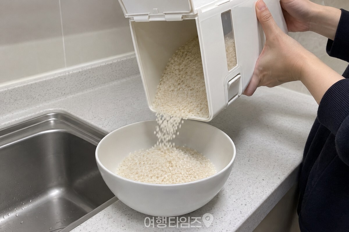 쌀통을 기울여 남은 쌀알을 큰 흰 그릇으로 옮기는 모습. / 기사 이해를 돕기 위한 생성형 이미지