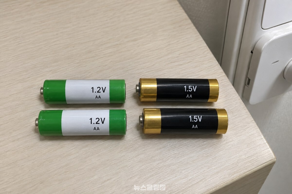 AA 충전지와 1.5V 알카라인 건전지를 나란히 놓아 같은 크기와 다른 표시를 보여 주는 모습. / 기사 이해를 돕기 위한 생성형 이미지