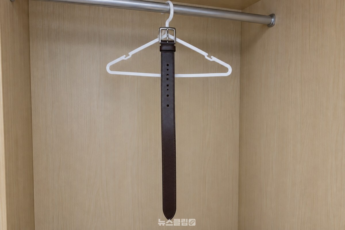 옷장 안 옷걸이 고리에 버클을 끼운 가죽 벨트가 세로로 곧게 늘어져 있다. / 기사 이해를 돕기 위한 생성형 이미지