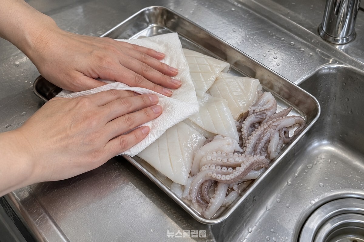 키친타월 위에 손질한 오징어 조각을 올리고 표면 물기를 눌러 닦는 모습이다. / 기사 이해를 돕기 위한 생성형 이미지