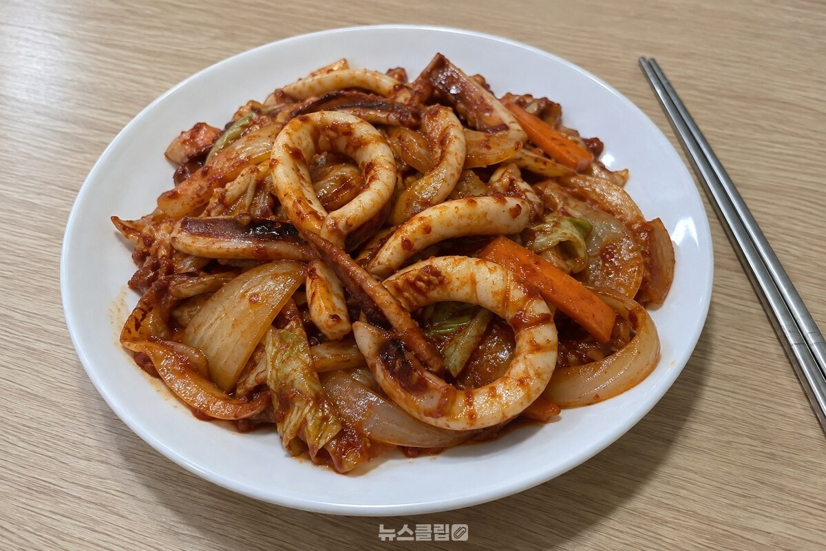 매콤한 양념에 볶아 낸 오징어와 채소가 흰 접시에 담겨 있다. / 기사 이해를 돕기 위한 생성형 이미지
