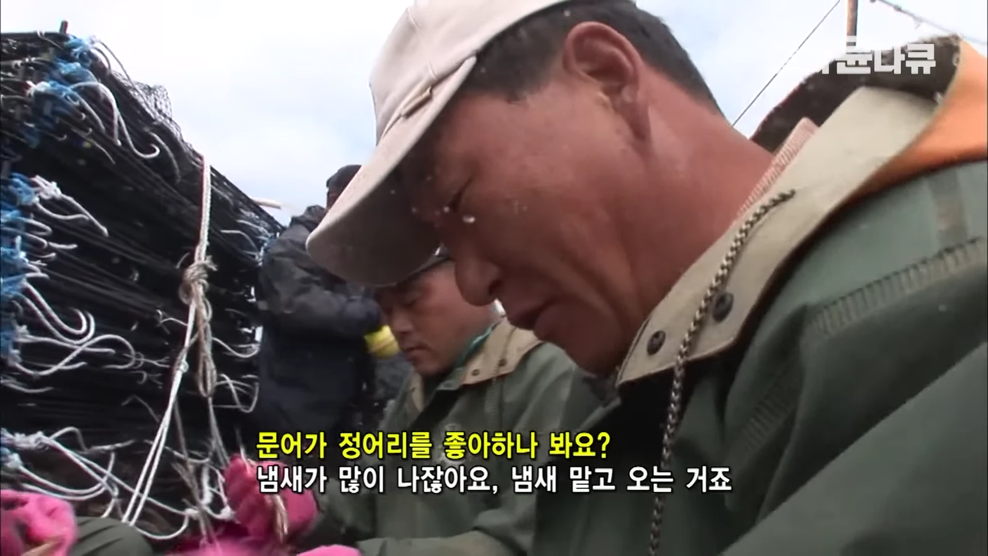 배 위에서 작업복을 입은 선원들이 땀을 흘리며 문어잡이용 통발을 정리하고 있는 모습