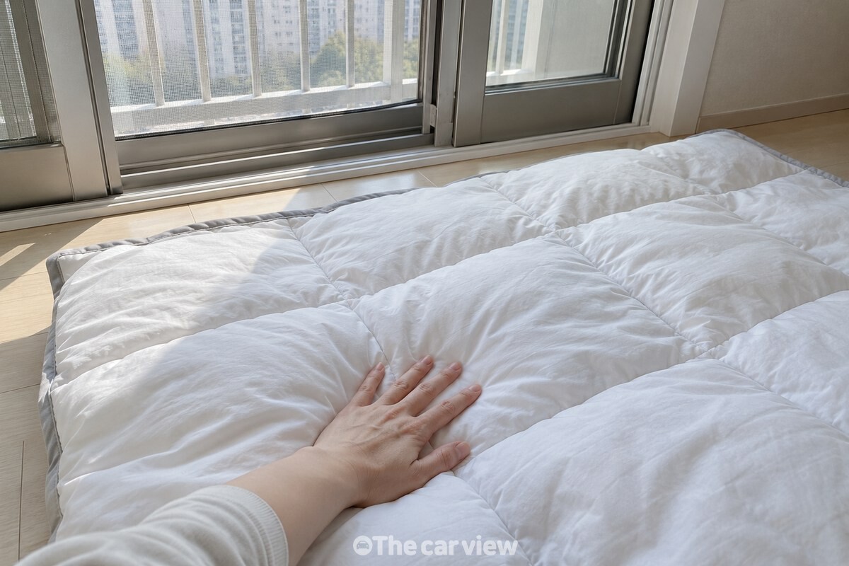 미닫이 창 옆 거실 바닥에 넓게 펼친 솜이불을 손으로 눌러 보는 모습 / 기사 이해를 돕기 위한 생성형 이미지