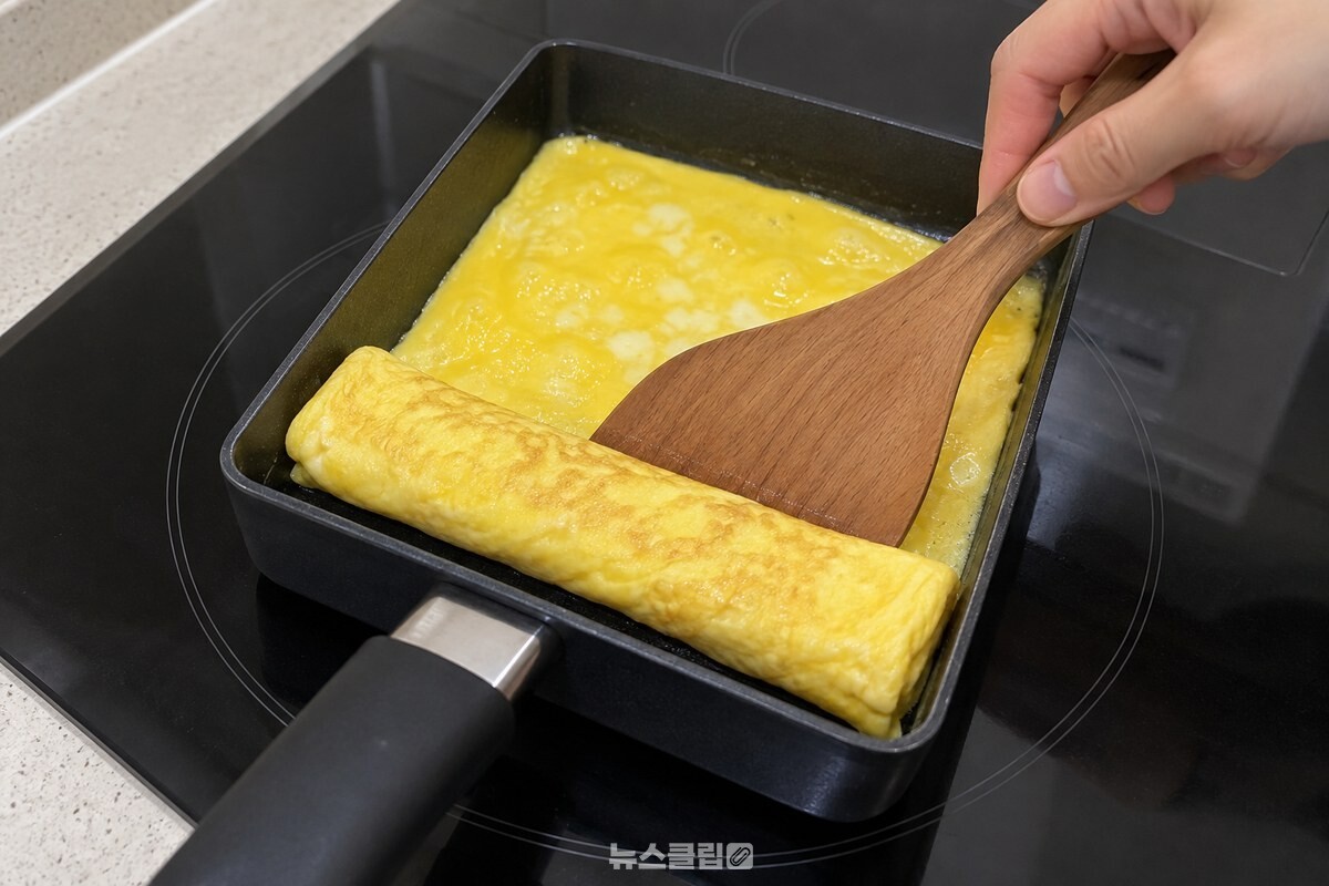 나무 주걱으로 반쯤 익은 계란을 한쪽부터 말아 올리는 모습 / 기사 이해를 돕기 위한 생성형 이미지