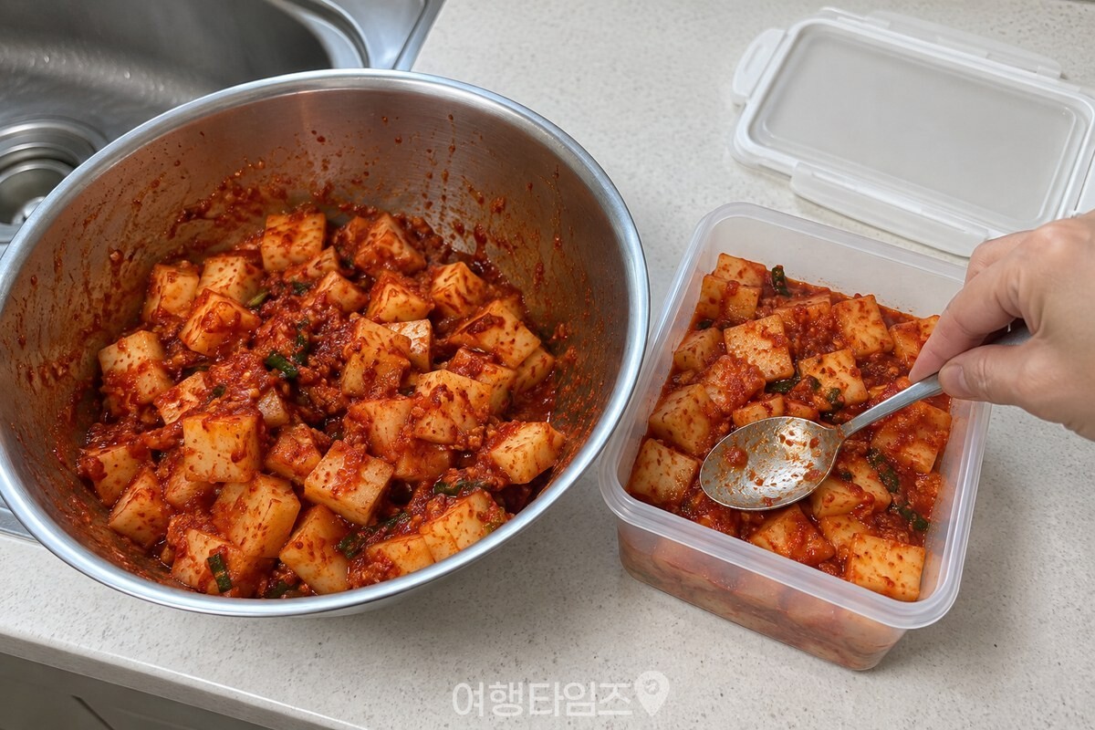 사과 반쪽을 갈아 넣어 붉은 양념에 버무린 깍두기를 밀폐 용기에 담아 둔 모습. / 기사 이해를 돕기 위한 생성형 이미지