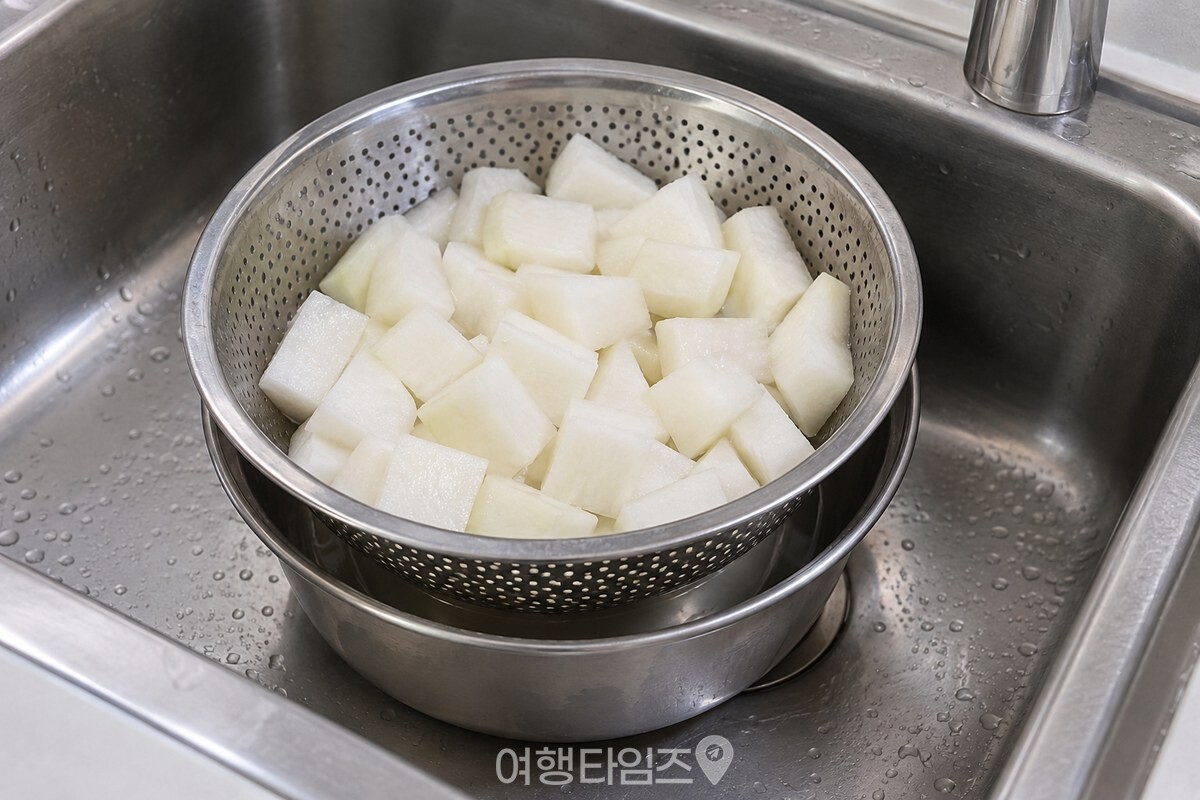 굵은소금에 절인 깍둑 썬 무를 스테인리스 체에 올려 물기를 뺀 모습. / 기사 이해를 돕기 위한 생성형 이미지