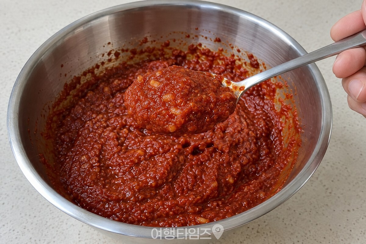 사과 과육이 고운 붉은 깍두기 양념에 고르게 섞인 가까운 모습. / 기사 이해를 돕기 위한 생성형 이미지