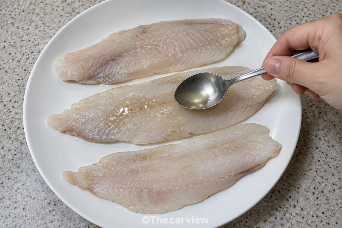 접시에 펼친 동태포의 윗면에 숟가락으로 밑간액을 얇게 바르고 있다. / 기사 이해를 돕기 위한 생성형 이미지