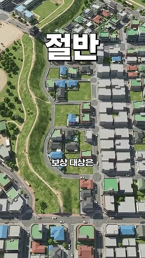 하늘에서 내려다본 도심의 주거 단지와 성벽 지형을 보여주는 3D 그래픽 이미지이며, 화면 중앙에 '절반', '보상 대상은'이라는 큰 글자가 배치되어 있다.