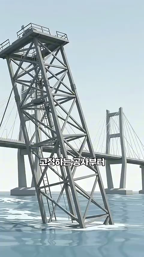 바다 위에 세워진 거대한 철골 구조물과 그 뒤로 보이는 사장교의 주탑과 케이블 모습