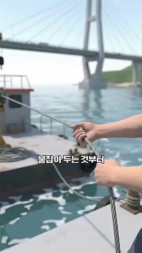배 위에서 두 손으로 굵은 강철 케이블을 팽팽하게 당기고 있는 모습과 배경으로 보이는 진도대교의 주탑.