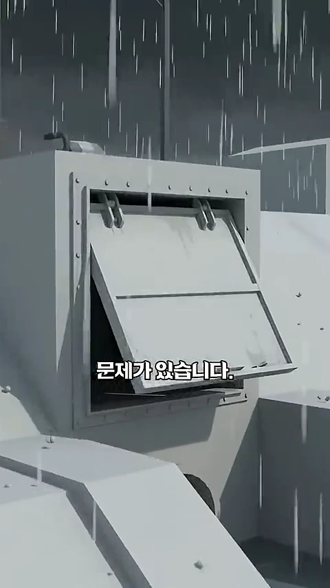 비가 내리는 배경 속에서 금속 재질의 사각형 수문이 반쯤 열려 있는 모습을 묘사한 3D 그래픽 이미지.