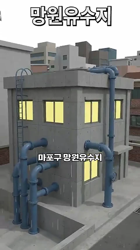 배관이 여러 개 연결된 콘크리트 건물 형태의 3D 그래픽 영상으로, 상단에 망원유수지라는 자막이 표시되어 있습니다.