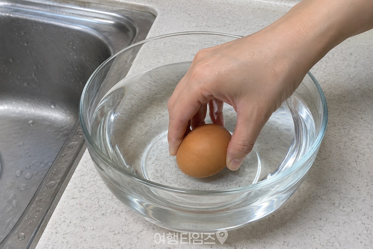 깨끗한 손이 찬물이 담긴 깊은 그릇 바닥에 계란을 조심스럽게 내려놓고 있다. / 기사 이해를 돕기 위한 생성형 이미지